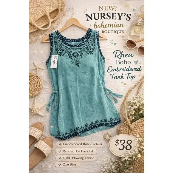 Rhea Boho Embroidered Tank Top Teal Tie Back One Size - Picture 1 of 8